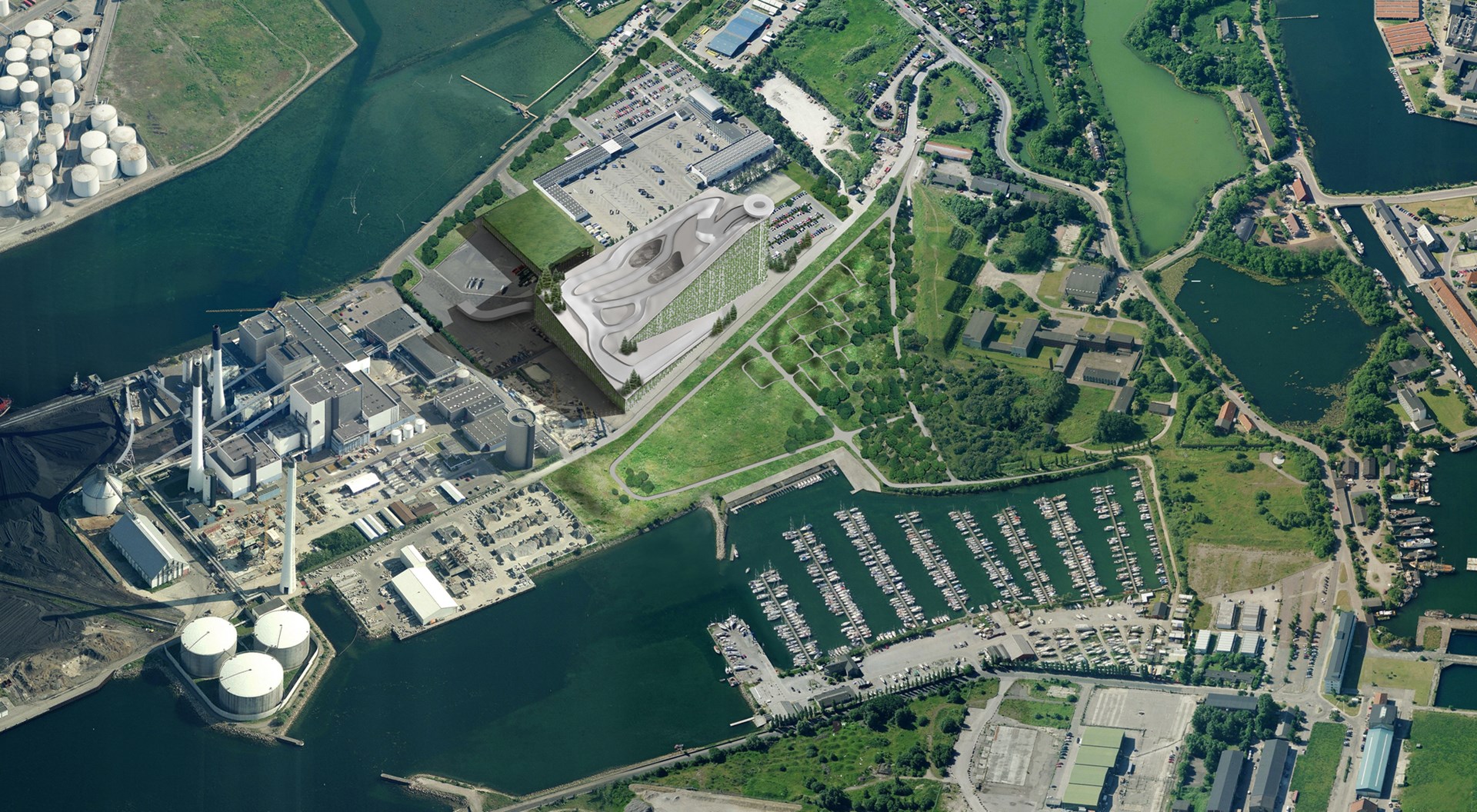Illustration of Amager Bakke seen from the air.
